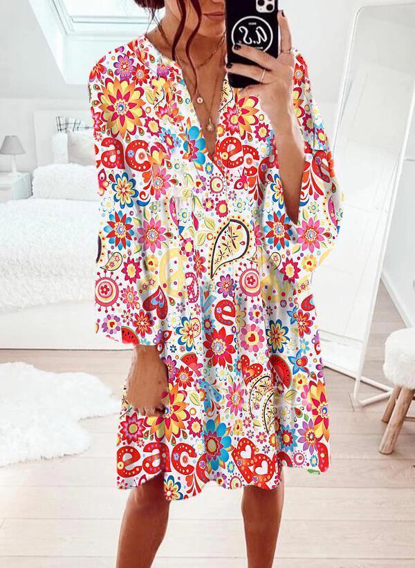 Mini Robe Imprimée Manches Longues Col en V Glamour
