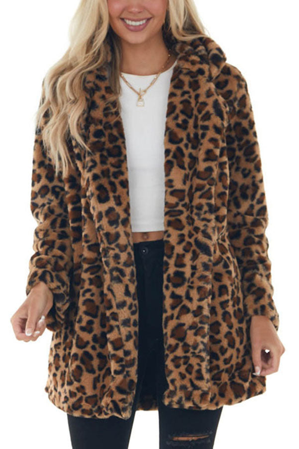 Serene Snowfall Pocketed Leopard Plush Coat