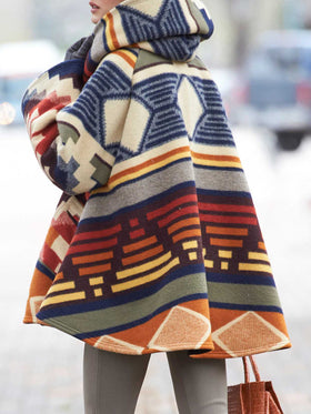 Manteau Capuche en Laine Manches Longues Imprimés Multicolores