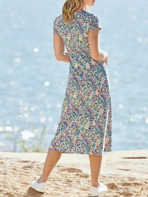 Robe Manches Courtes Col Rond Imprimé Floral