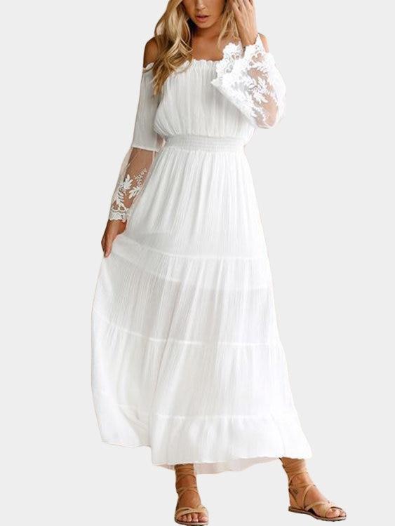 White Lace Details Off The Shoulder Flared Sleeves Maxi Dress