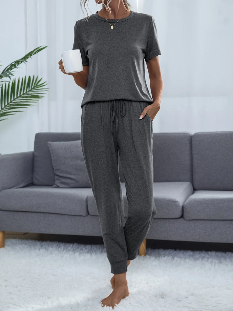 Ensemble 2 Pièces Haut Manches Courtes Pantalon Ample Cordon