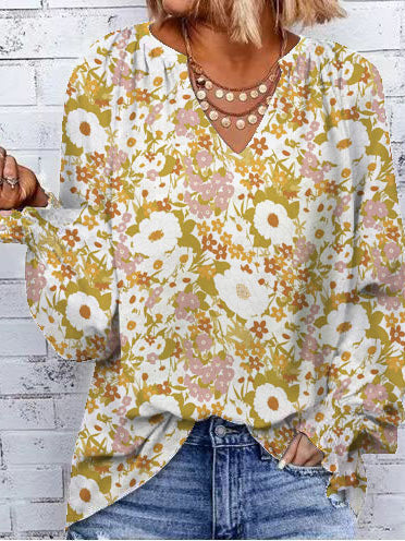 Women's Blouses Loose Print V-Neck Long Sleeve Blouse