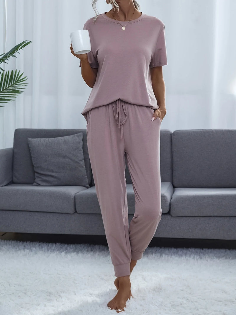 Ensemble 2 Pièces Haut Manches Courtes Pantalon Ample Cordon