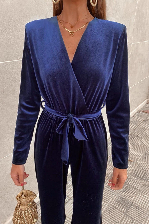 Endless Cheer Belt Velvet Wide Leg Jumpsuit