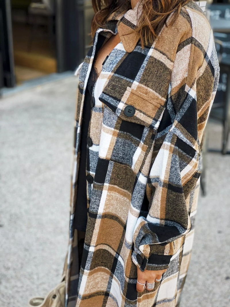 Casual Long Sleeve Loose Button Down Long Plaid Outerwear