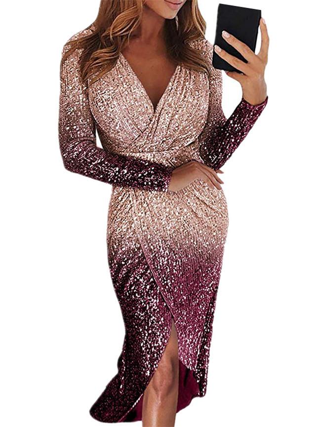 Robe Midi Brillante Croisée à Col en V Entrelacée