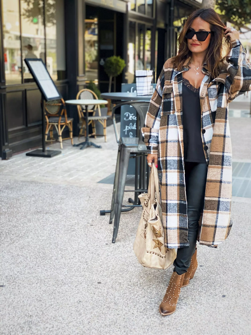 Casual Long Sleeve Loose Button Down Long Plaid Outerwear