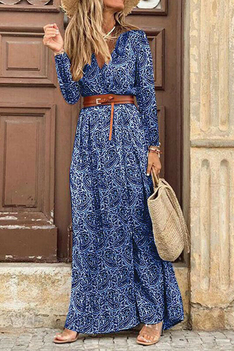 Fashion Bohemian Print With Belt V Neck Cake Skirt Dresses