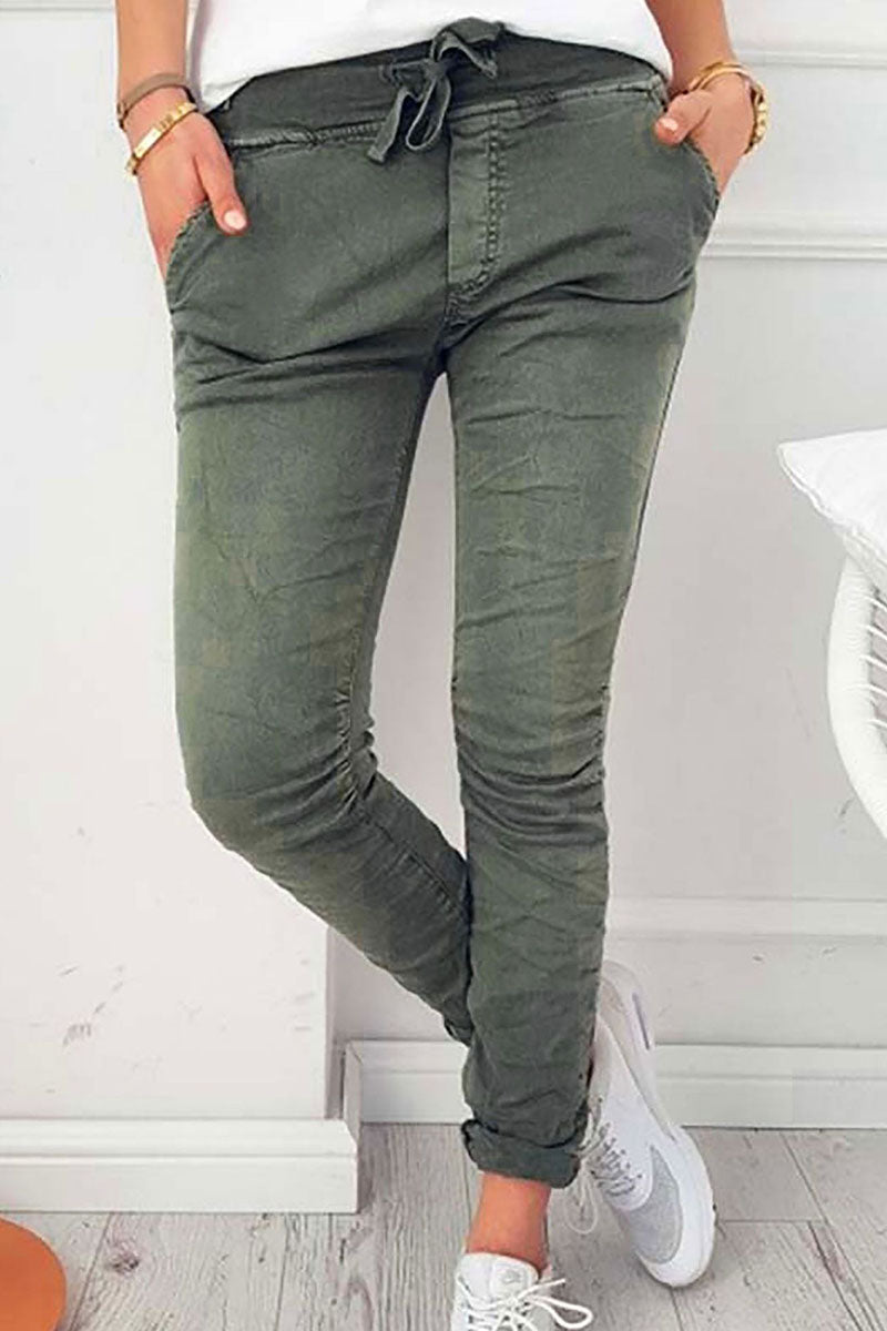 Pantalon Skinny Bas de Crayon Taille Haute Couleur Unie