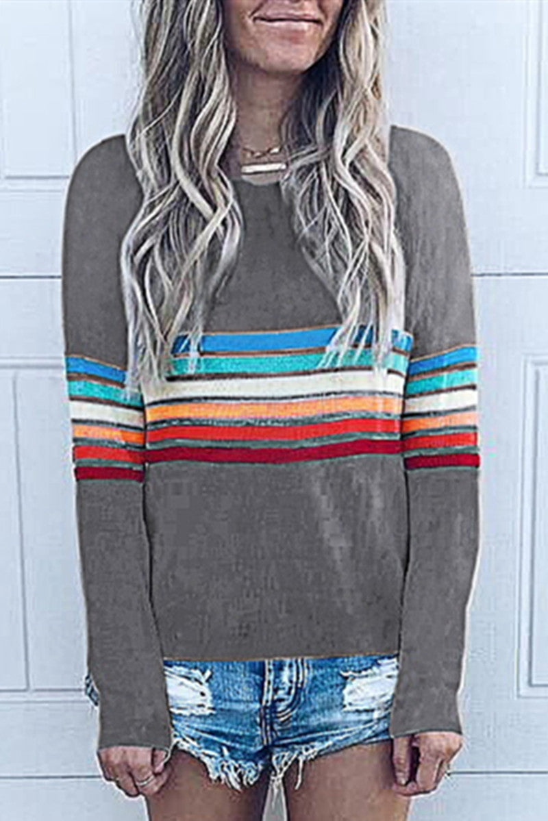 Fashion Casual Striped Print Basic O Neck Tops