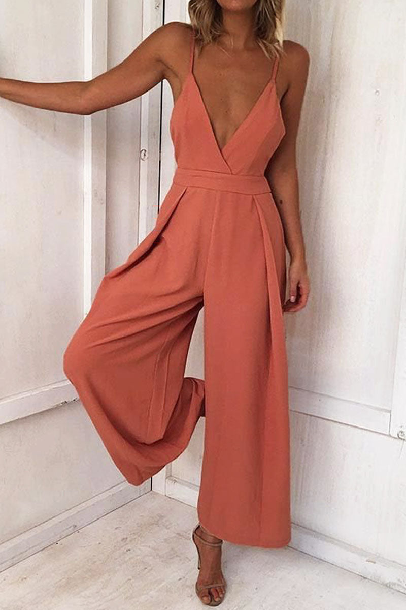 Fashion Solid Backless V Neck Loose Jumpsuits