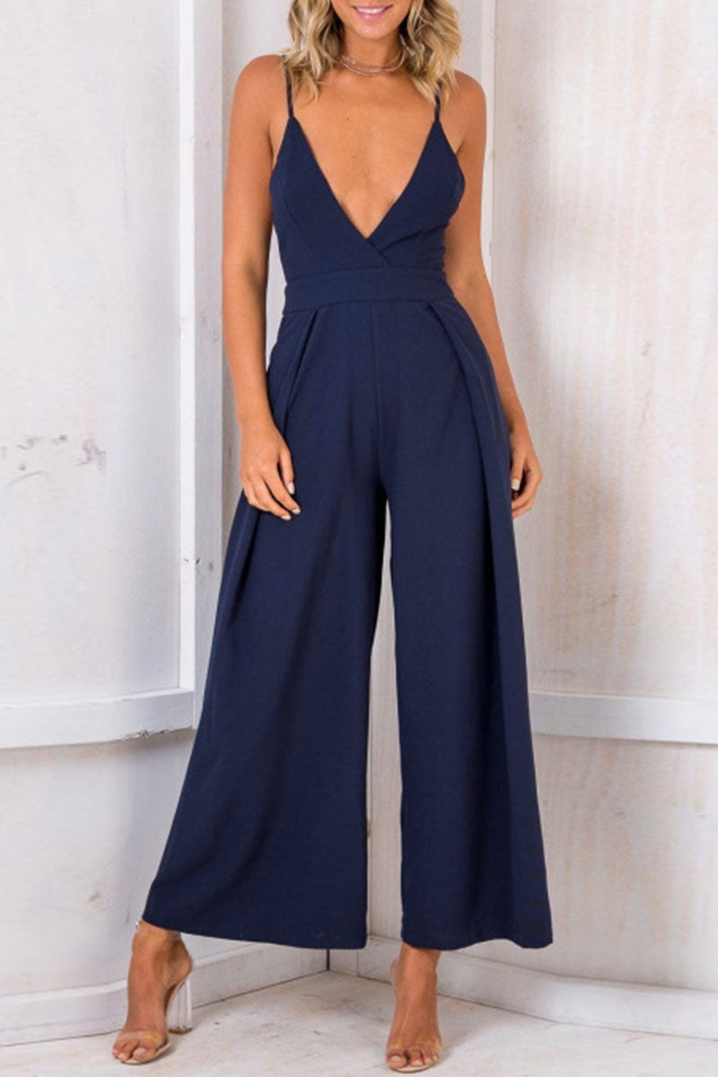 Fashion Solid Backless V Neck Loose Jumpsuits