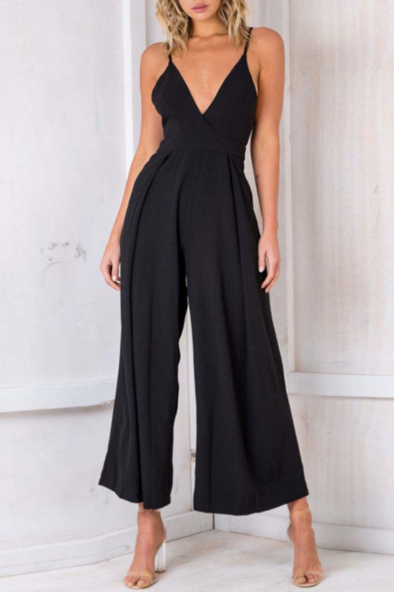 Fashion Solid Backless V Neck Loose Jumpsuits