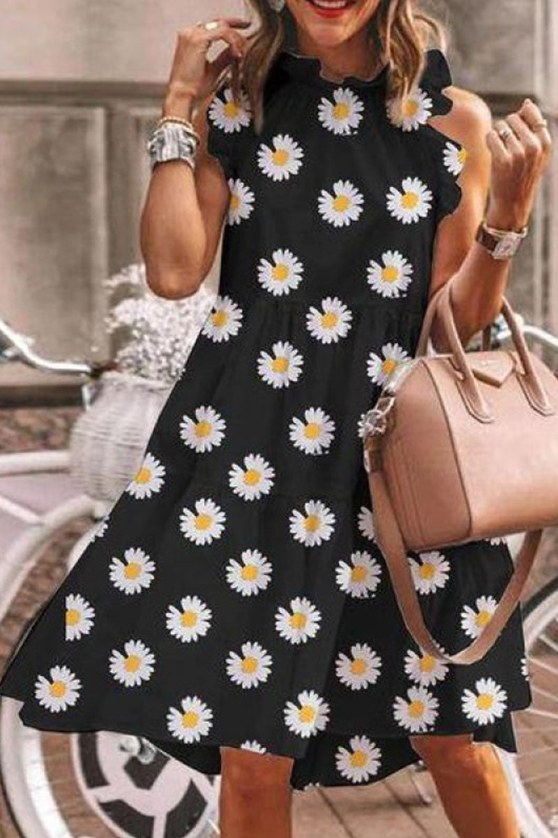 Fashion Street Print Patchwork O Neck A Line Dresses