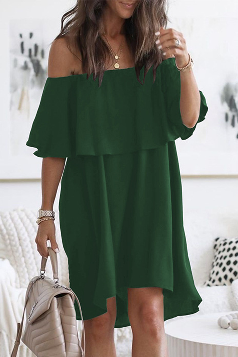 Fashion Elegant Solid Patchwork Flounce Off the Shoulder A Line Dresses(3 Colors)