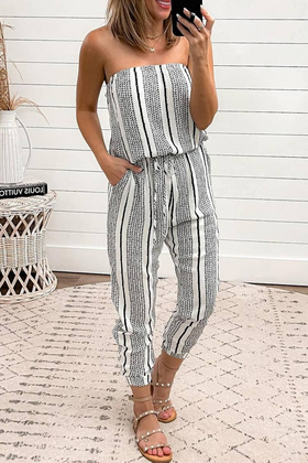 Casual Print Frenulum Fold Strapless Regular Jumpsuits