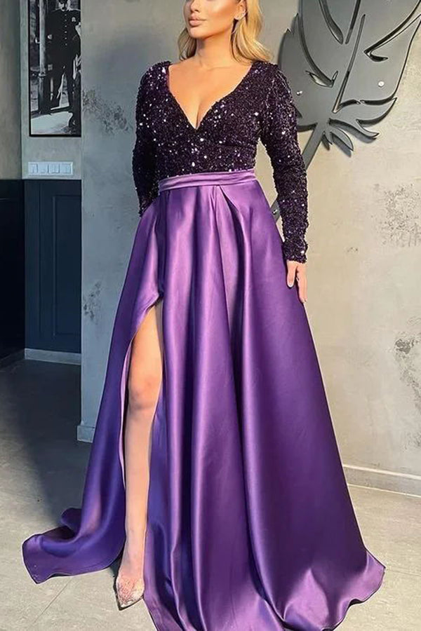 Gorgeous Long Sleeves V-Neck Sequins Satin Prom Dress