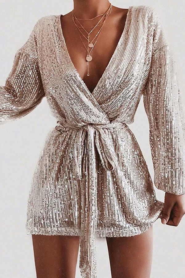 Fashion Elegant Solid Sequins With Belt V Neck Dresses