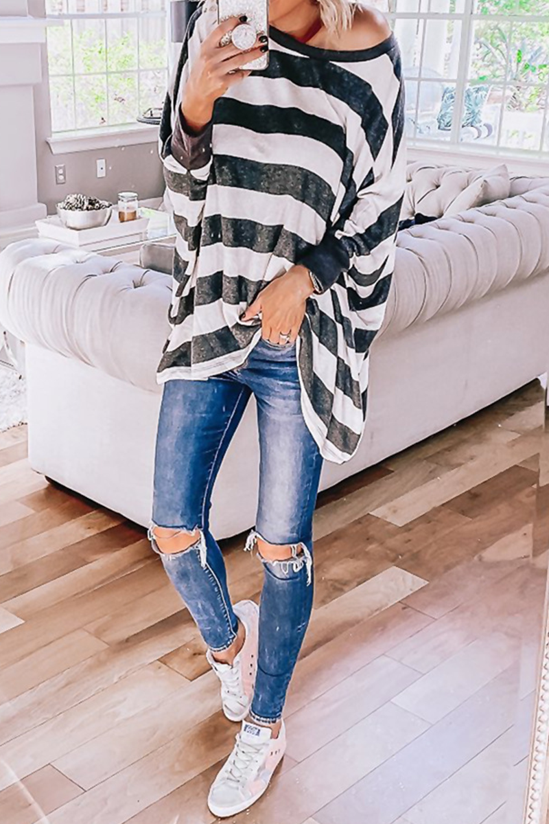 Casual Striped Patchwork O Neck Tops(3 Colors)