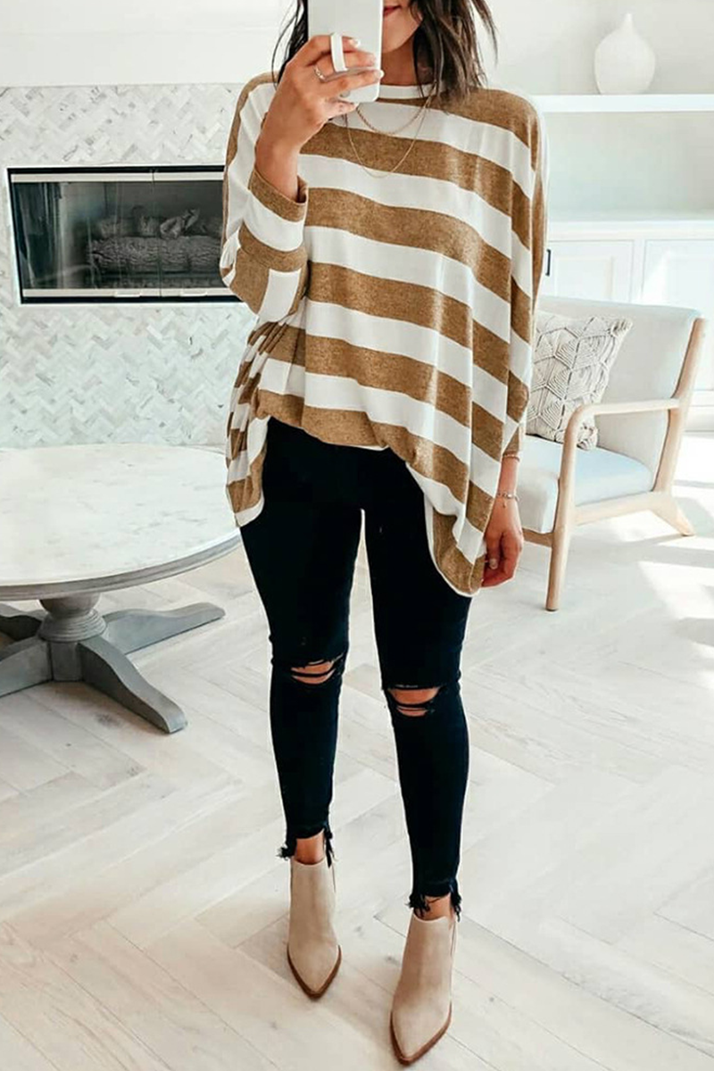 Casual Striped Patchwork O Neck Tops(3 Colors)