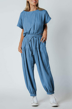 Casual Solid Patchwork O Neck Harlan Jumpsuits