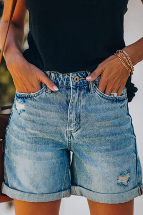 Short Jean Droit Décontracté Uni Fendu Taille Moyenne