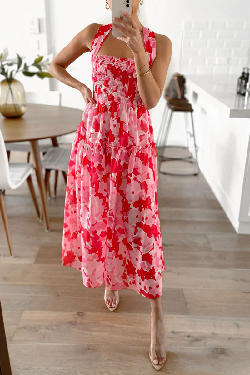 Fashion Print Split Joint Spaghetti Strap Cake Skirt Dresses