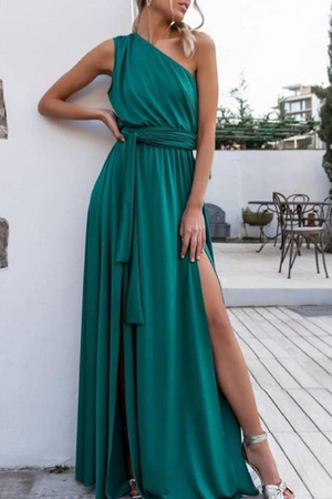 Fashion Solid Split Joint One Shoulder Waist Skirt Dresses