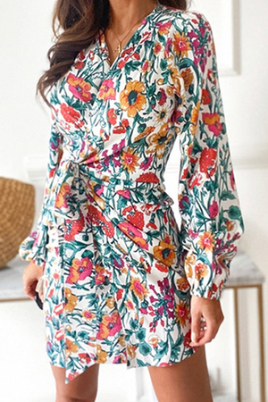 Casual Print Split Joint V Neck Waist Skirt Dresses(4 colors)