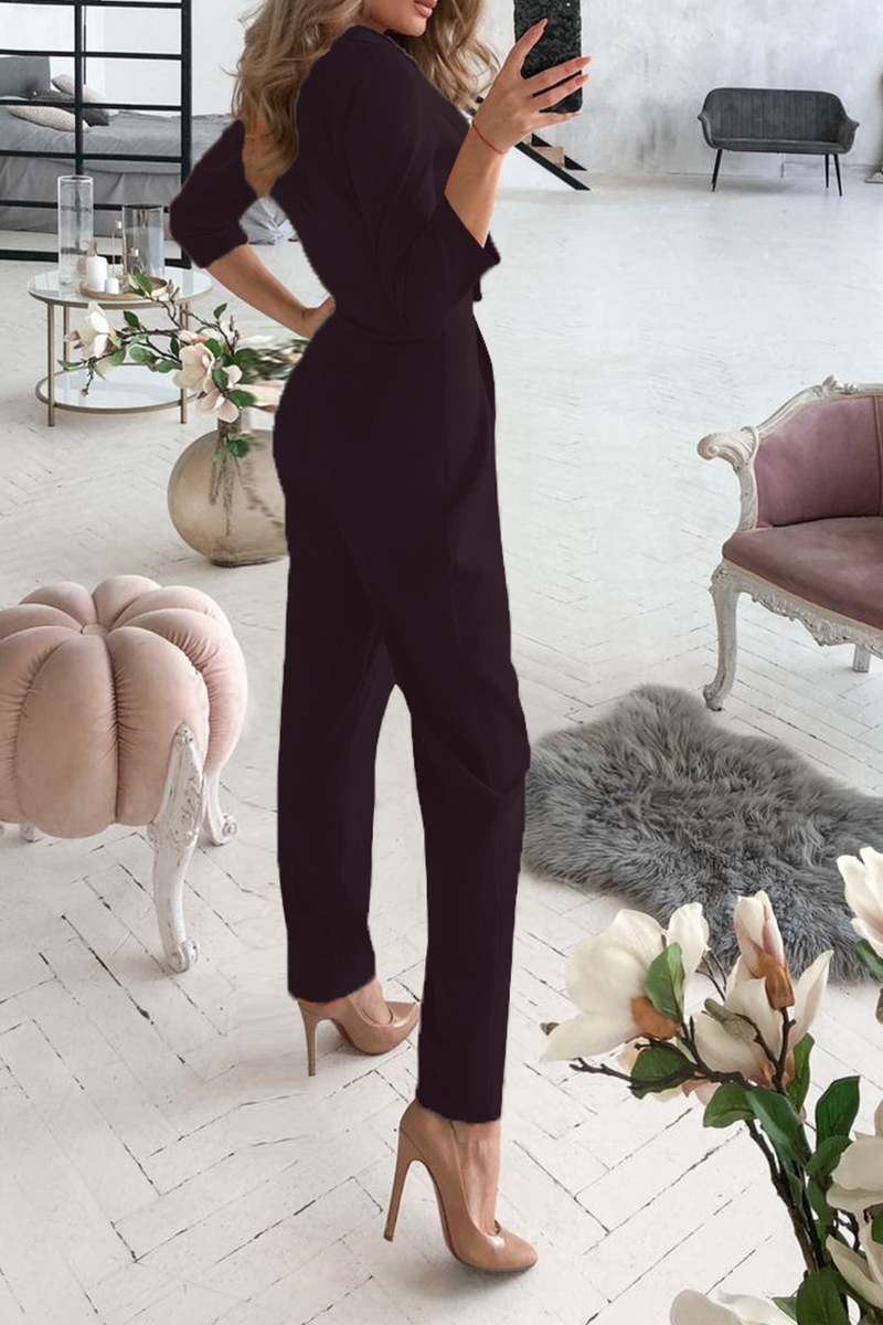 Fashion Solid Split Joint Turndown Collar Regular Jumpsuits