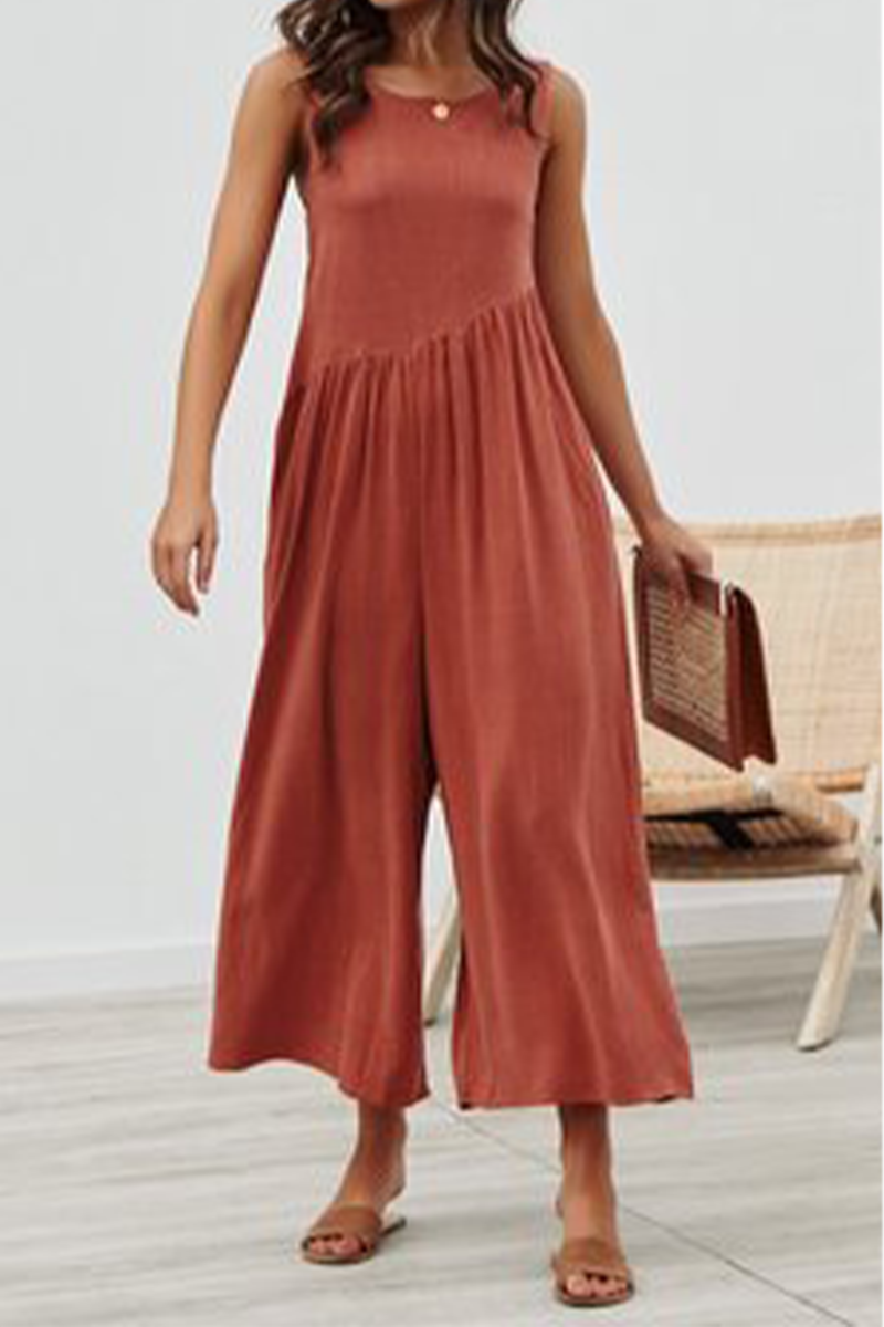 Casual Solid Split Joint O Neck Loose Jumpsuits