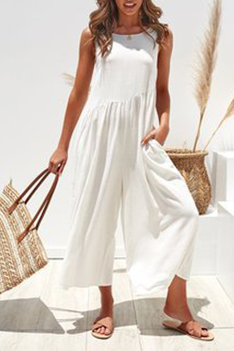 Casual Solid Split Joint O Neck Loose Jumpsuits