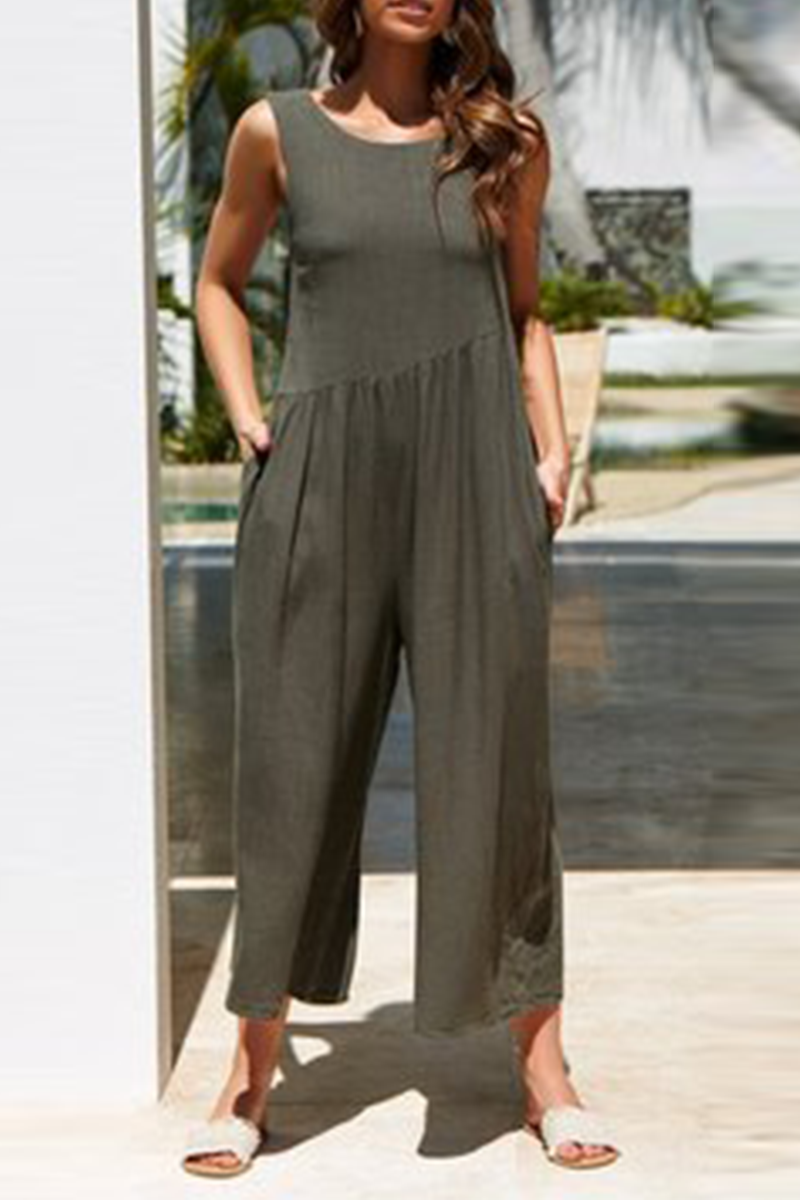 Casual Solid Split Joint O Neck Loose Jumpsuits