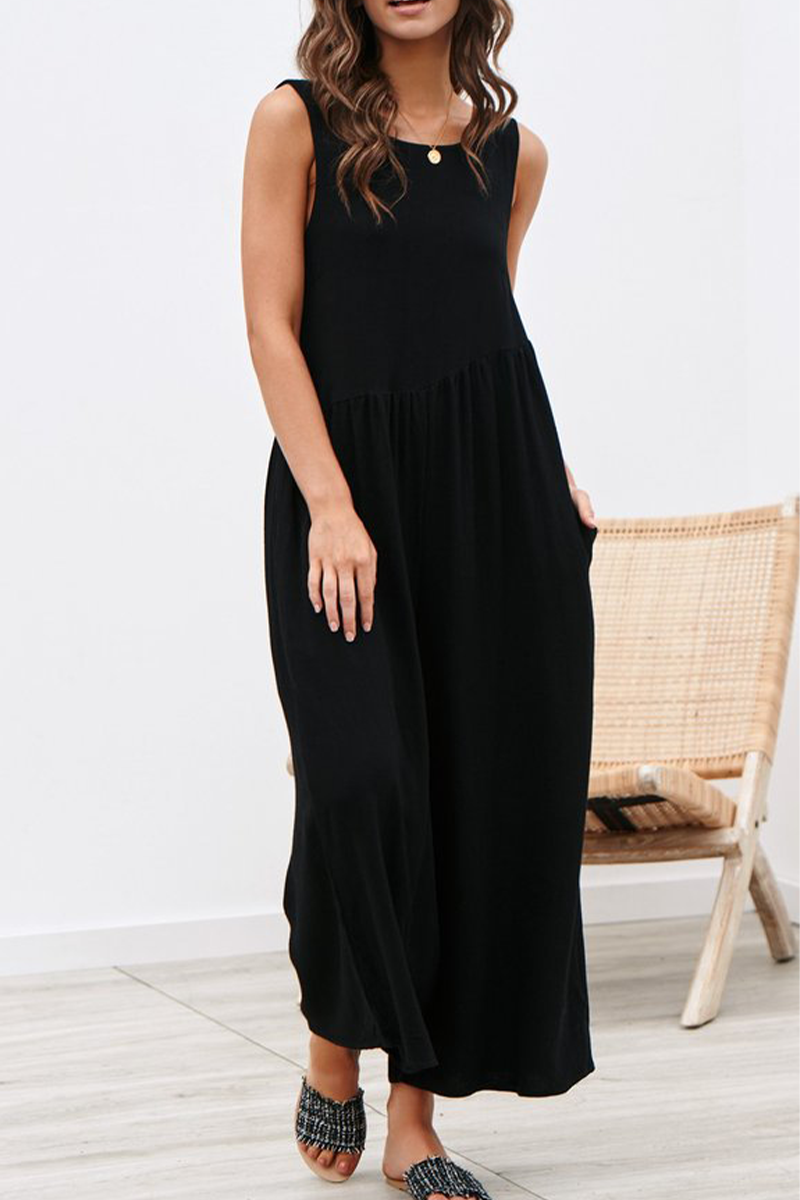 Casual Solid Split Joint O Neck Loose Jumpsuits