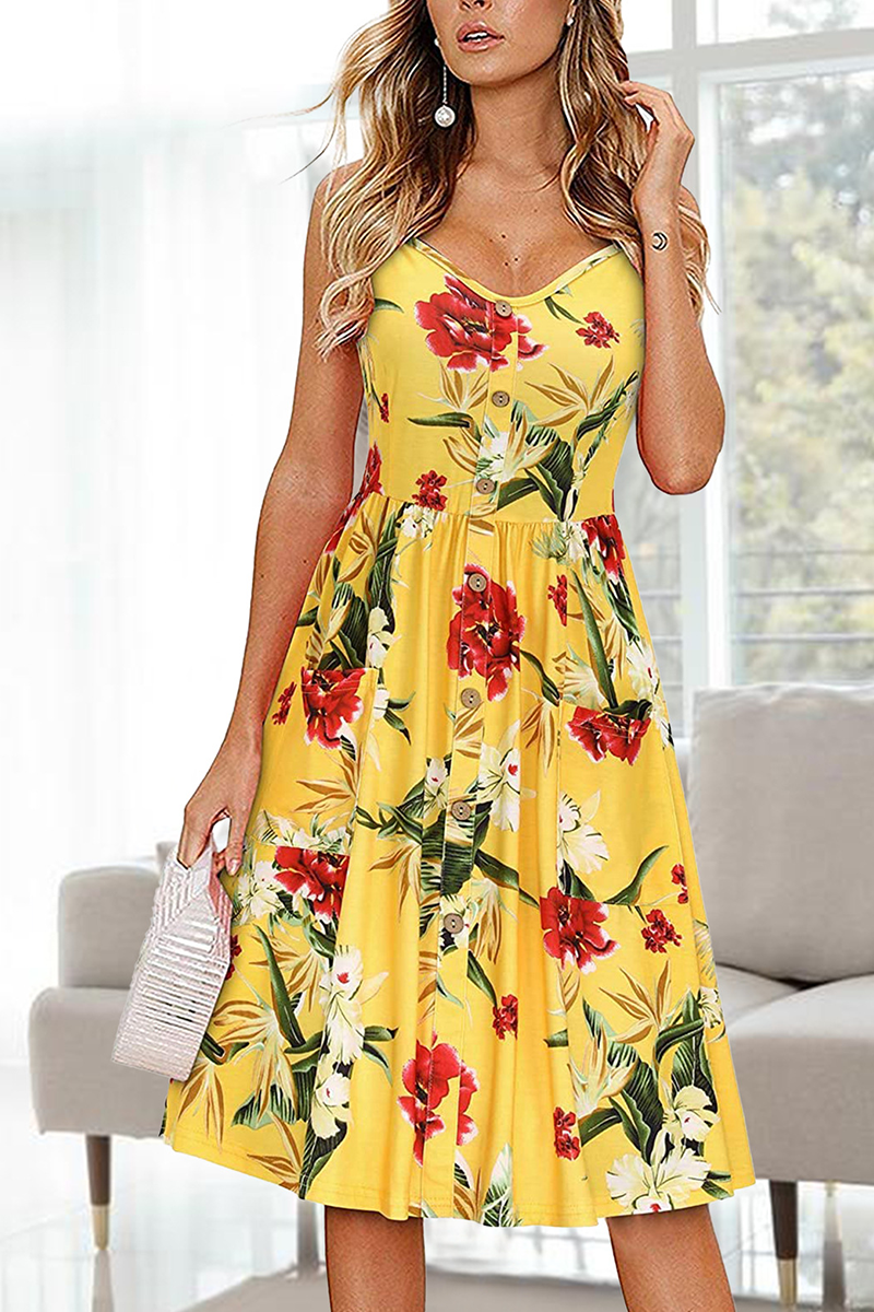 Fashion Print Patchwork Spaghetti Strap Waist Skirt Dresses(8 colors)