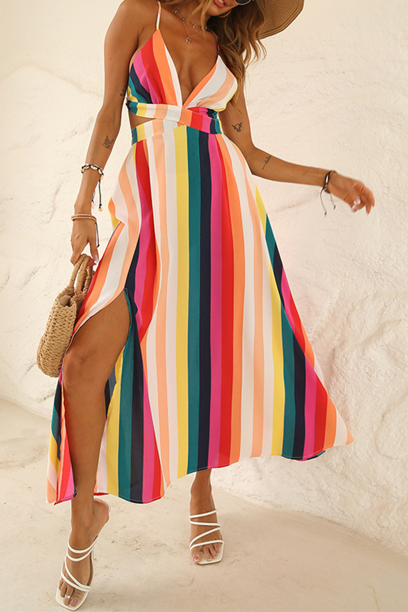 Street Striped Patchwork Spaghetti Strap Waist Skirt Dresses