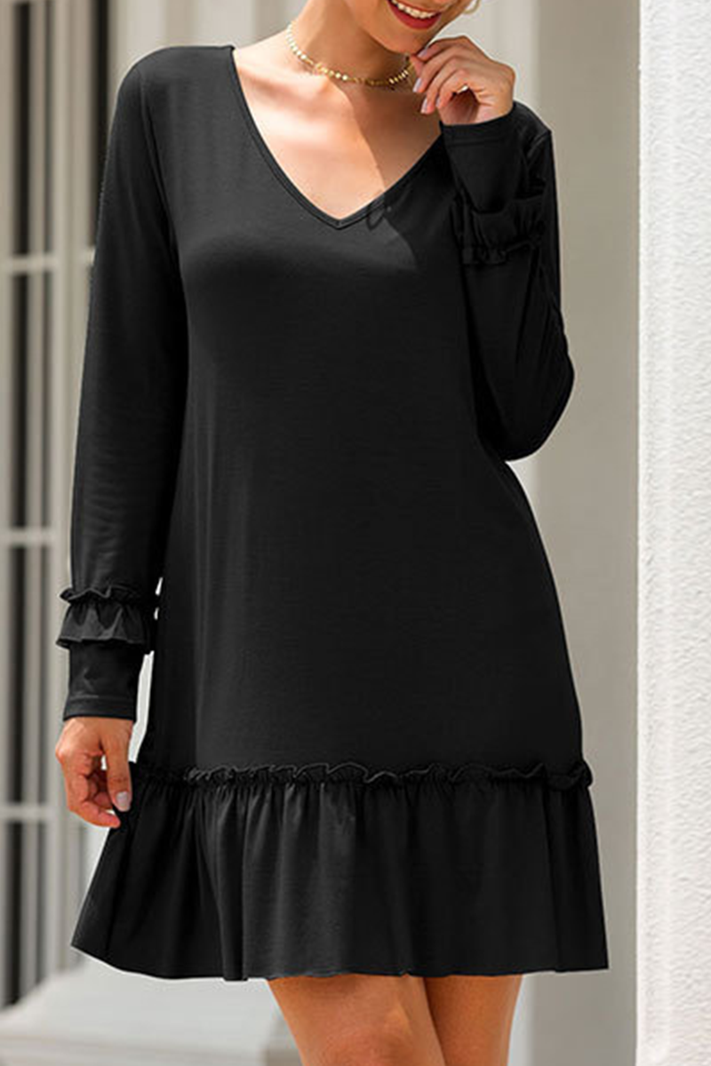 Casual Solid Flounce V Neck Straight Dresses(3 colors)