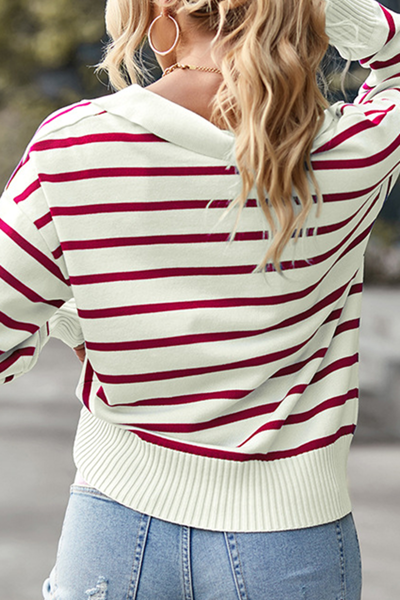 Casual Striped Patchwork Turndown Collar Tops