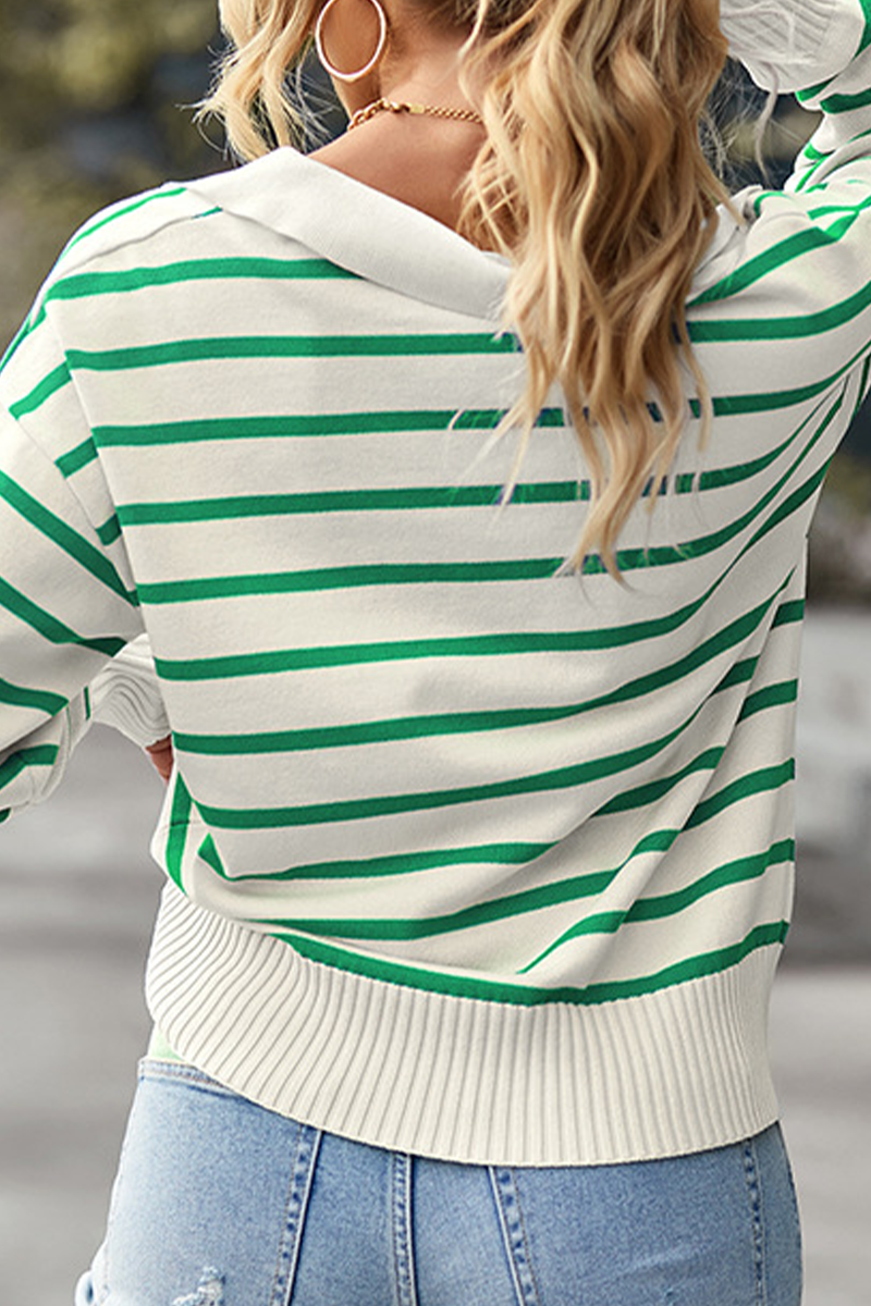 Casual Striped Patchwork Turndown Collar Tops