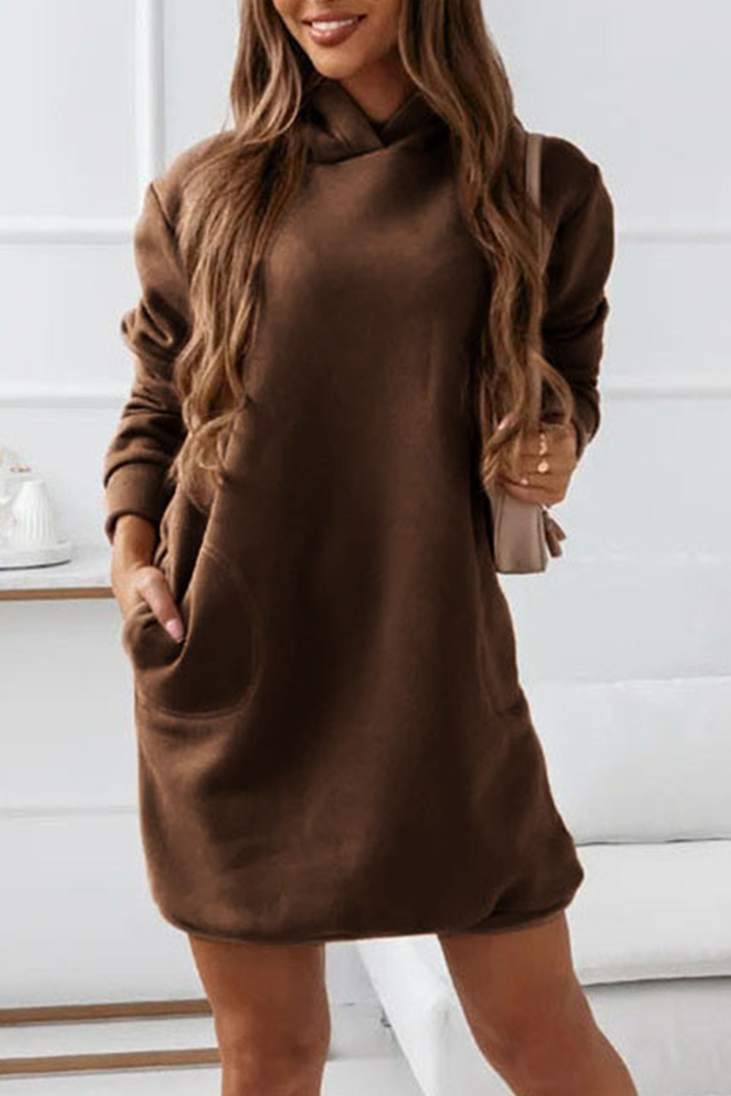 Casual Solid Patchwork Hooded Collar Straight Dresses(3 colors)