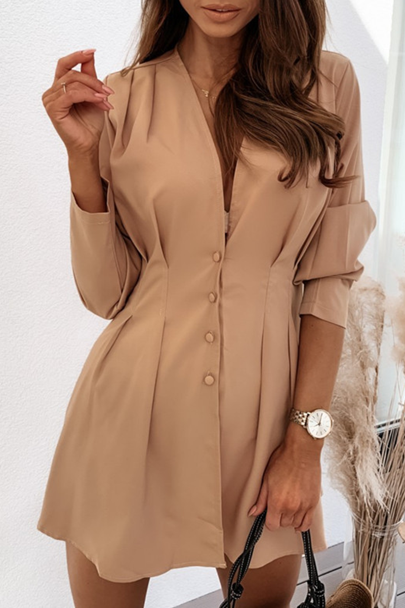 Casual Solid Patchwork V Neck Shirt Dress Dresses(4 colors)