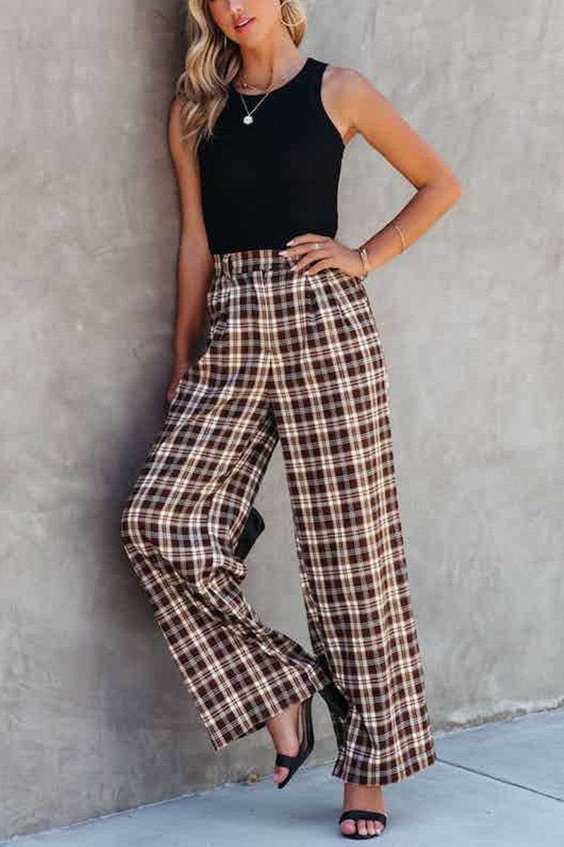 Fashion Plaid Straight High Waist Wide Leg Bottoms