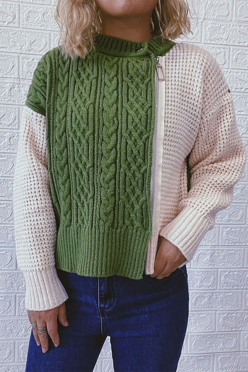 Casual Color Block Zipper O Neck Sweaters(4 Colors)