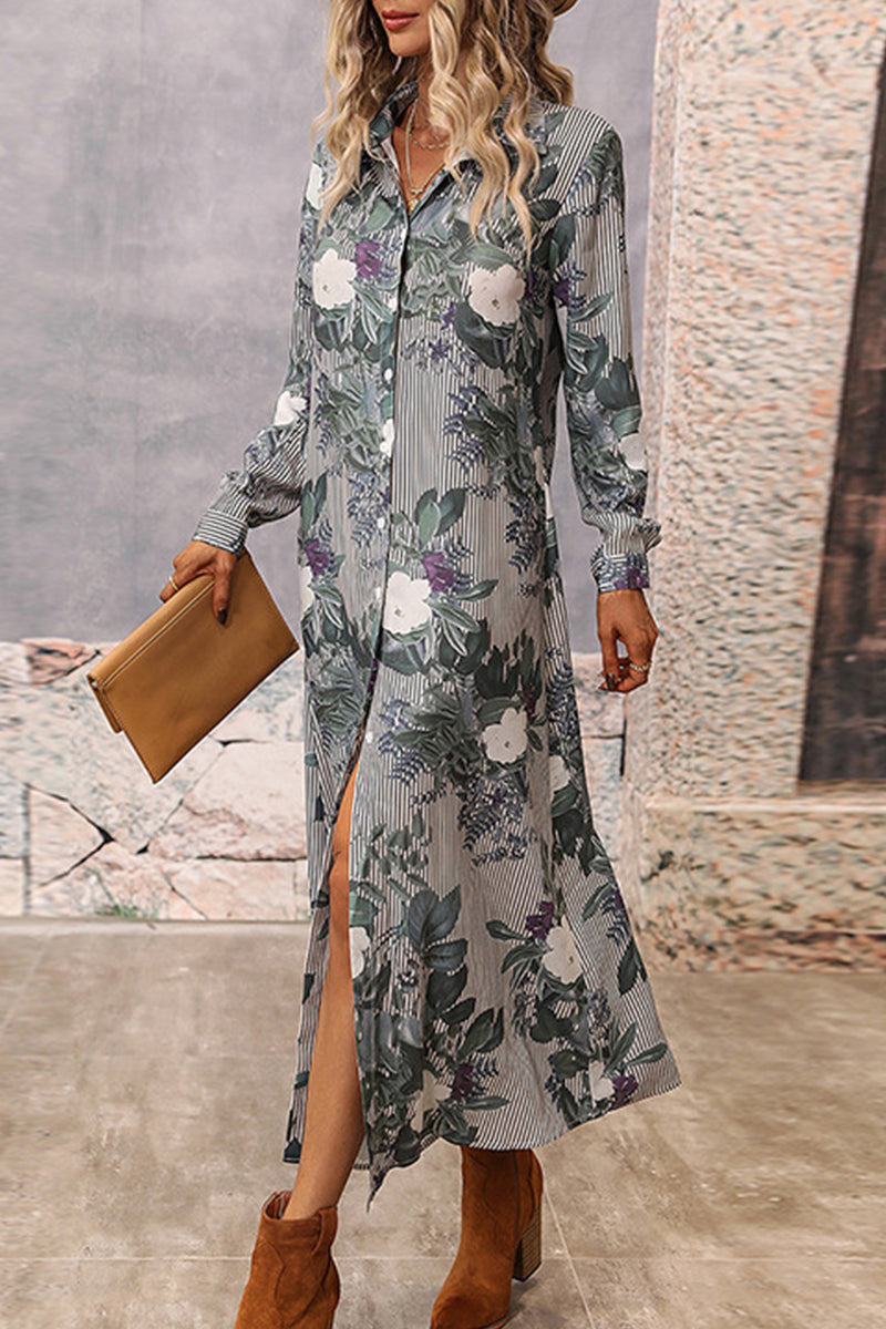 Elegant Print Contrast Turndown Collar Shirt Dress Dresses