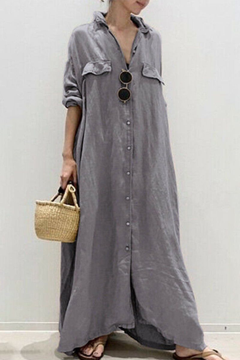 Street Solid Buckle Turndown Collar A Line Dresses