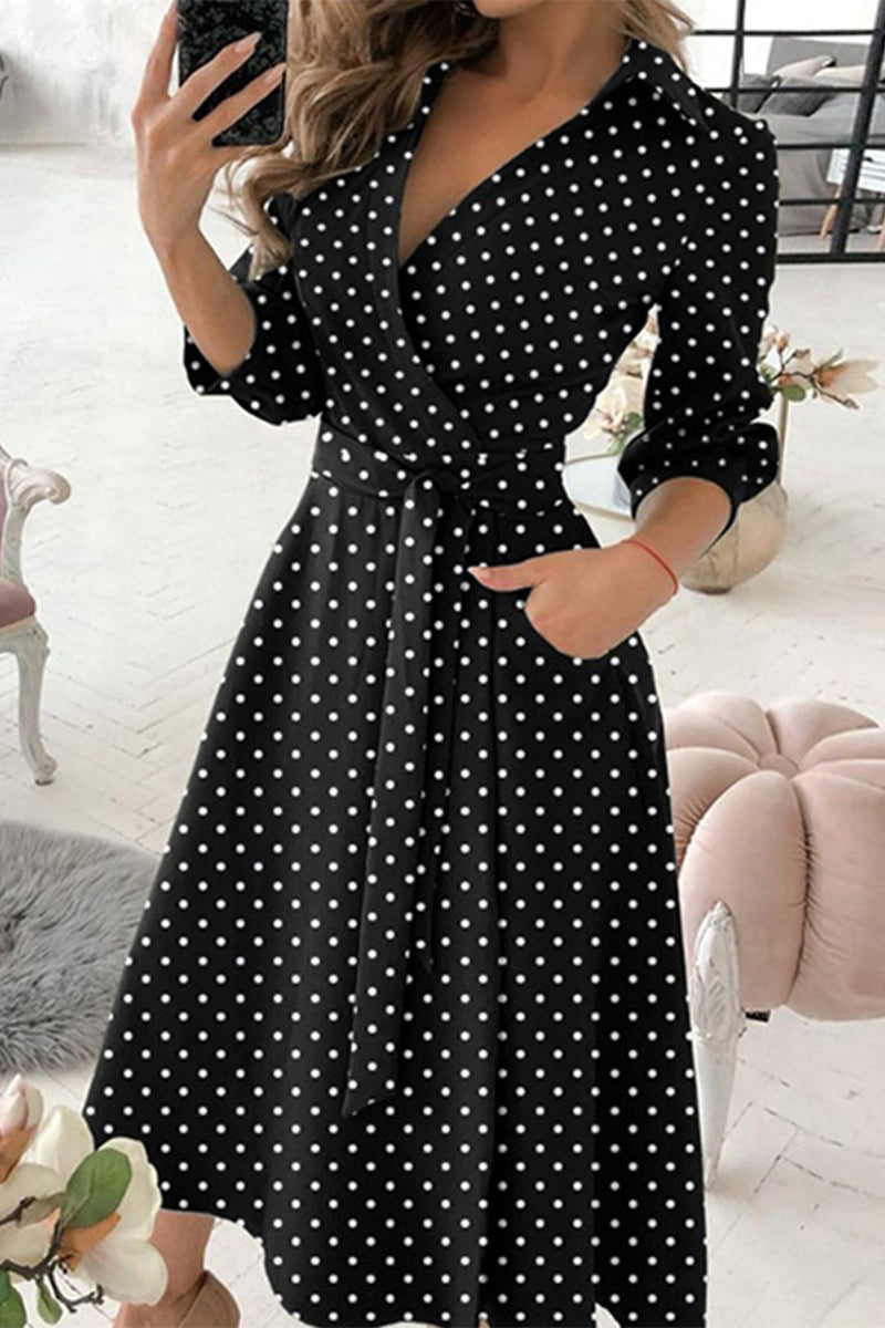 Elegant Print Printing Turndown Collar A Line Dresses