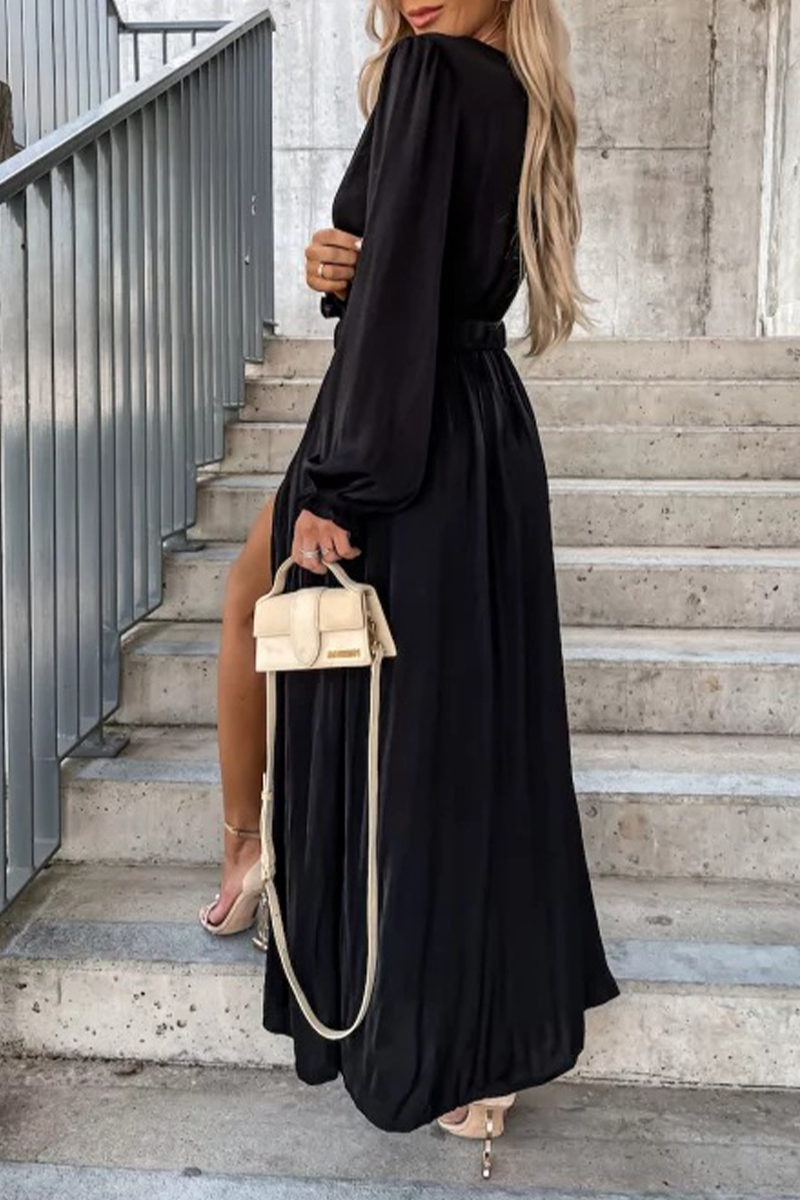 Casual Solid Slit V Neck Waist Skirt Dresses