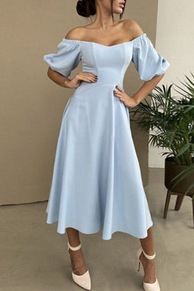 Elegant Solid Solid Color Off the Shoulder A Line Short Sleeve Dress(3 Colors)