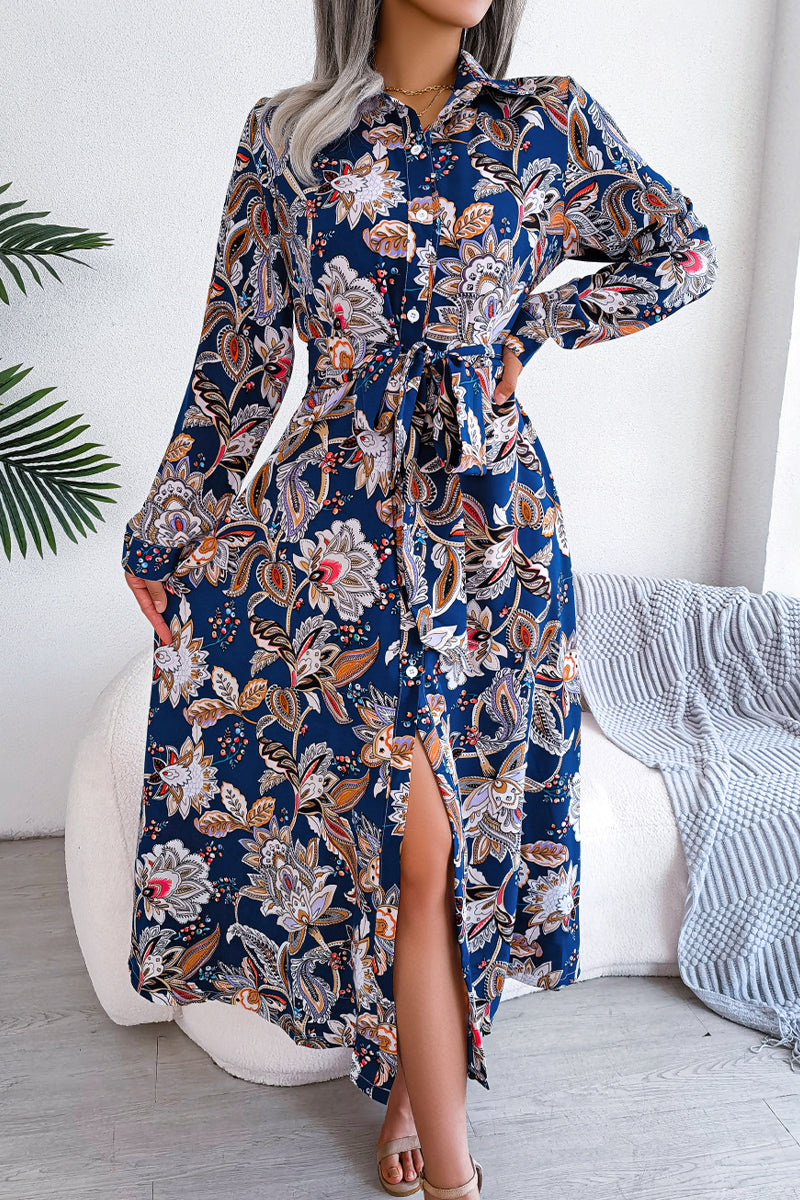 Floral Frenulum Buckle Turndown Collar One Step Skirt Dresses